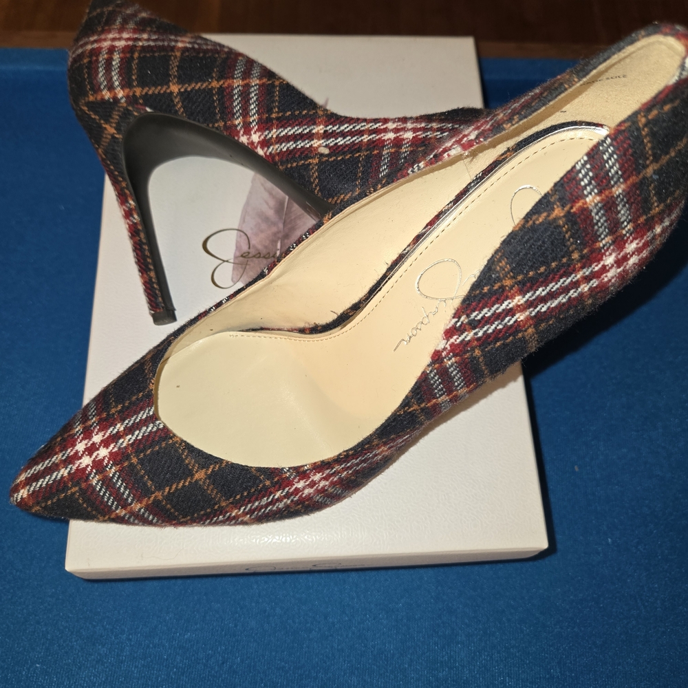 Jessica Simpson Tartan Heels - Red, Black, and Brown